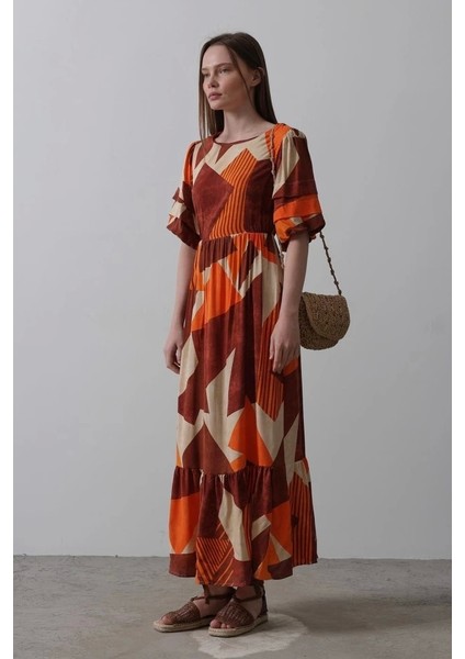 Desenli Balon Kol Kloş Elbise - Kahve