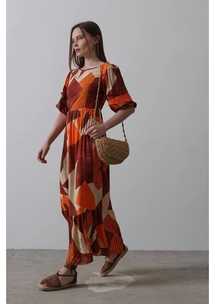 Desenli Balon Kol Kloş Elbise - Kahve modelleri