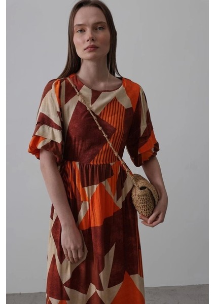 Desenli Balon Kol Kloş Elbise - Kahve fırsatları