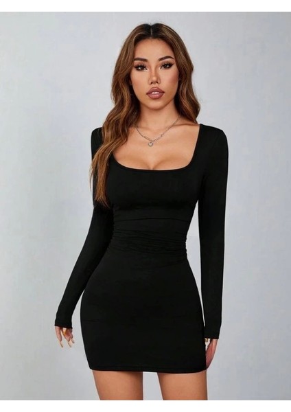 Kadın Uzun Kollu Kare Yaka Iç Gösterrmeyen Mini Elbise modelleri