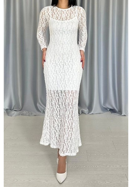 Beyaz Dantelli Uzun Kollu Elbise modelleri
