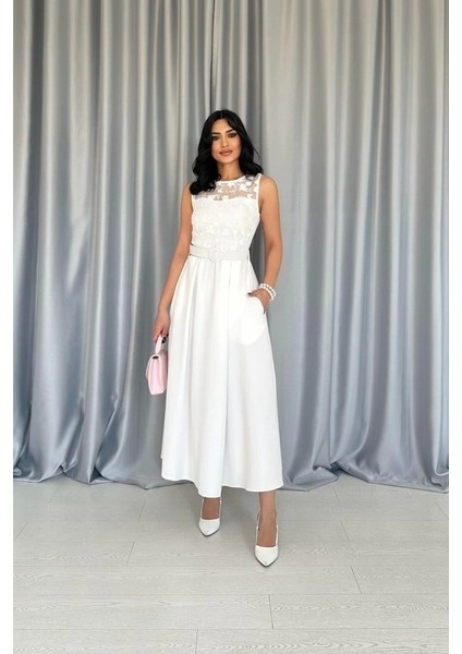 Beyaz Önü Dantel Detaylı Kemerli Elbise fiyatları