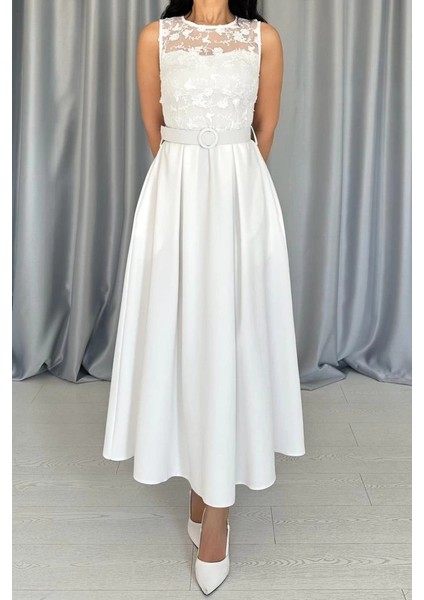 Beyaz Önü Dantel Detaylı Kemerli Elbise modelleri