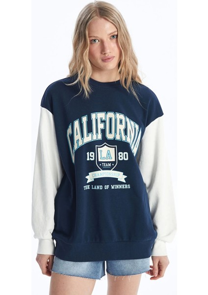 Xsıde Lacivert Bisiklet Yaka Baskılı Uzun Kollu Oversize Kadın Sweatshirt