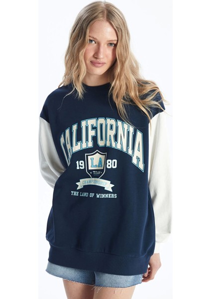 Xsıde Lacivert Bisiklet Yaka Baskılı Uzun Kollu Oversize Kadın Sweatshirt fiyatları