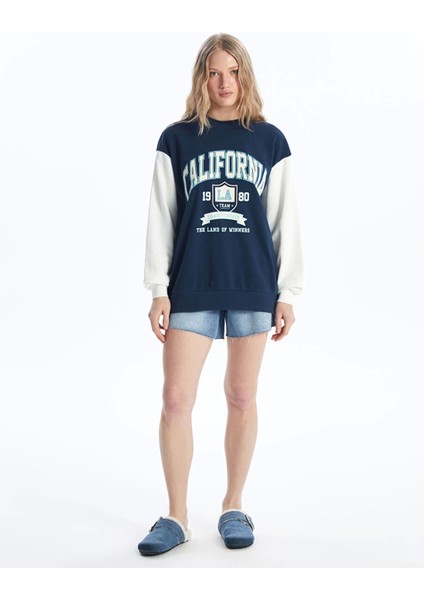 Xsıde Lacivert Bisiklet Yaka Baskılı Uzun Kollu Oversize Kadın Sweatshirt modelleri