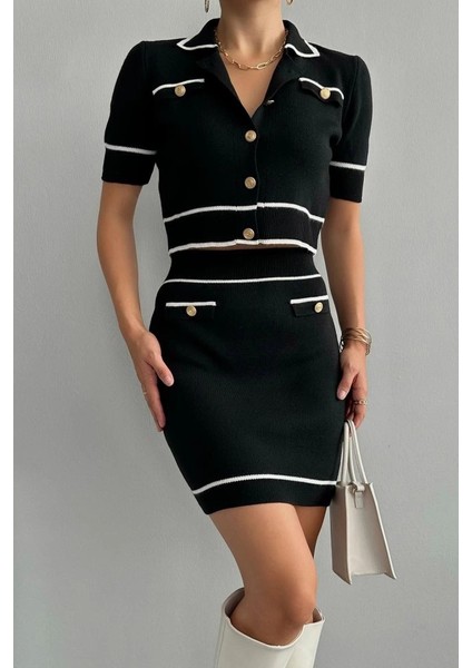 Kısa Triko Etekli Takım - Siyah-Krem