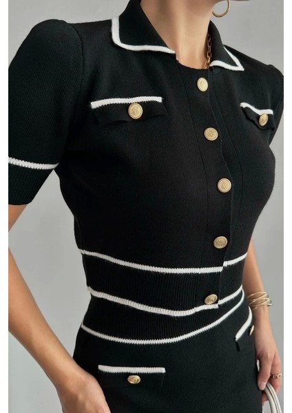 Kısa Triko Etekli Takım - Siyah-Krem fırsatları