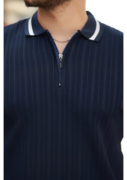 Erkek Yaka ve Kolları Çizgi Detaylı Fermuarlı Kısa Kollu T-Shirt modelleri