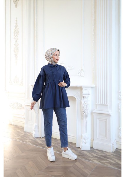 Kolları Lastikli Belden Büzgülü Bağcık Düğmeli Gömlek - (38-46) - 71302 - Lacivert modelleri