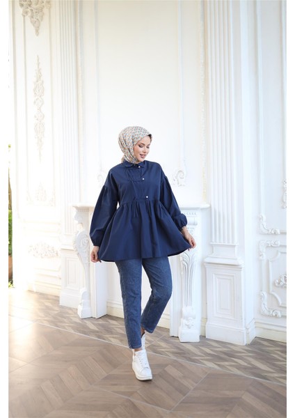 Kolları Lastikli Belden Büzgülü Bağcık Düğmeli Gömlek - (38-46) - 71302 - Lacivert fırsatları