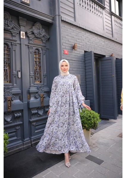 O Yaka Çiçek Desenli Büzgülü Uzun Elbise - (38-46) - 71290 - Lavanta