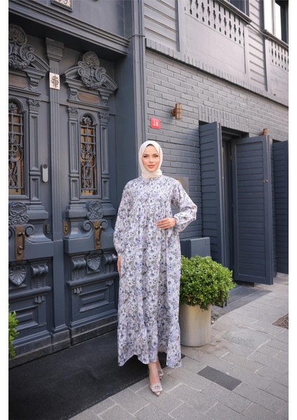 O Yaka Çiçek Desenli Büzgülü Uzun Elbise - (38-46) - 71290 - Lavanta fiyatları