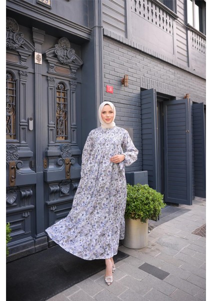 O Yaka Çiçek Desenli Büzgülü Uzun Elbise - (38-46) - 71290 - Lavanta modelleri