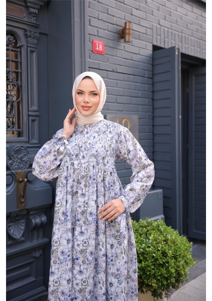 O Yaka Çiçek Desenli Büzgülü Uzun Elbise - (38-46) - 71290 - Lavanta fırsatları