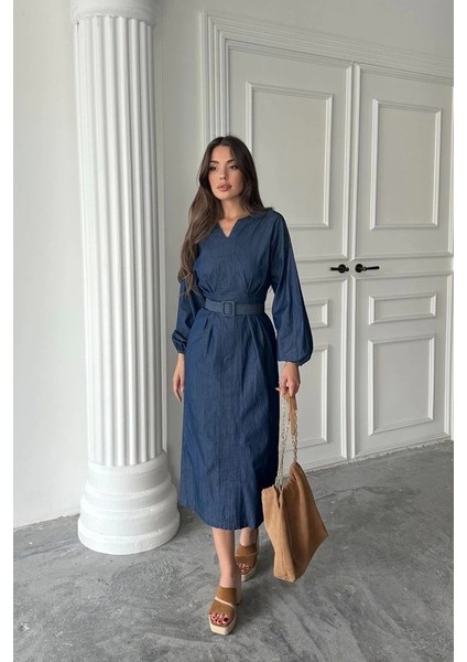Mavi Tencel Uzun Kollu Elbise fiyatları
