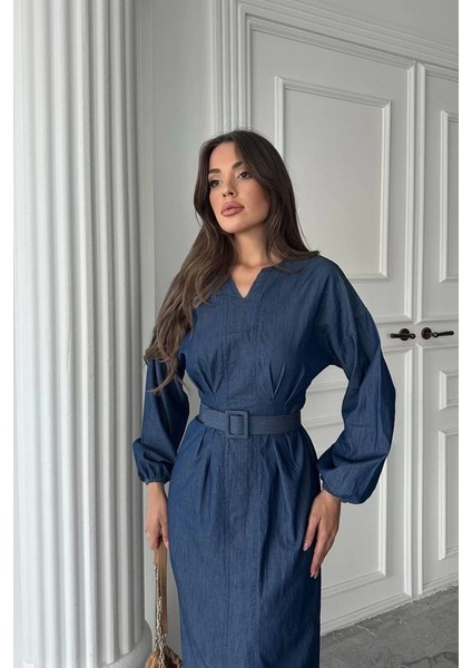 Mavi Tencel Uzun Kollu Elbise fırsatları