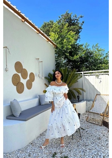 Lila Omuzları Lastikli Brode Elbise fiyatları