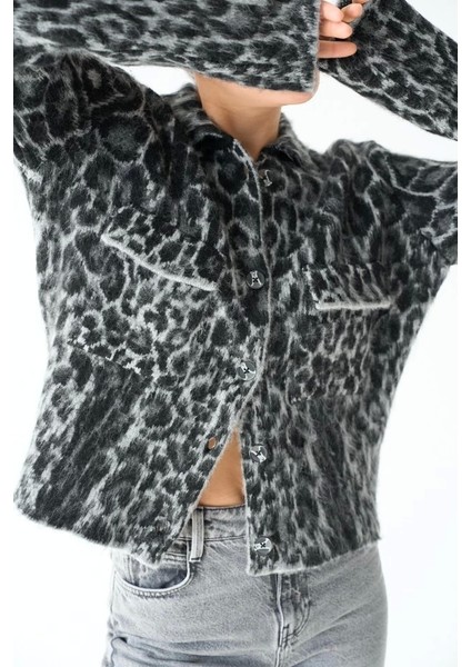 Leopar Desen Jakarlı Hırka - Siyah-Açık Gri indirimleri