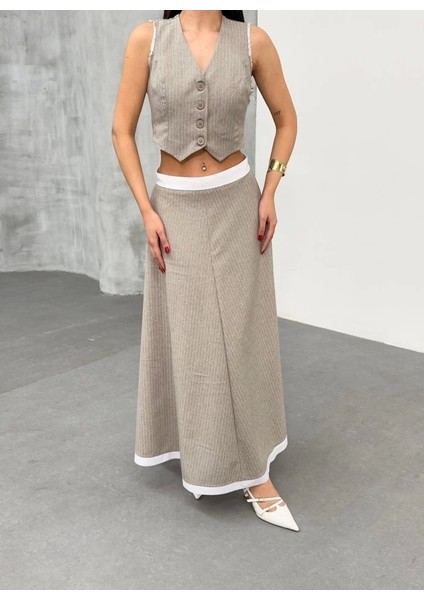 Gi̇o Çi̇zgi̇li̇ Garni̇li̇ Mi̇di̇ Etek Yelek Takim fırsatları