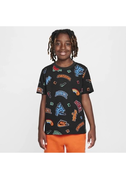 Varzity Aop Pamuklu Çocuk Siyah T-Shirt