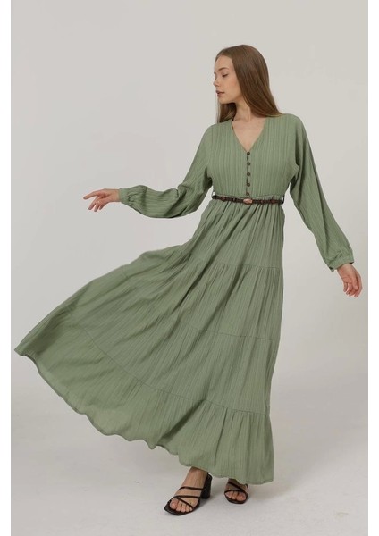 Önü Yarım Düğmeli Uzun Kol Kemerli Elbise - Haki