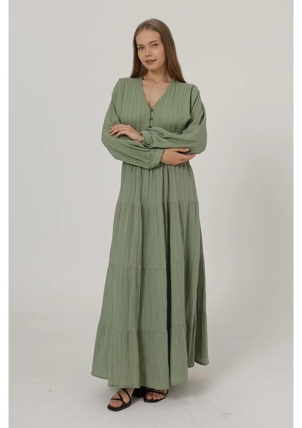 Önü Yarım Düğmeli Uzun Kol Kemerli Elbise - Haki modelleri