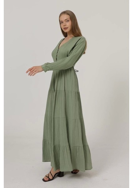 Önü Yarım Düğmeli Uzun Kol Kemerli Elbise - Haki fırsatları