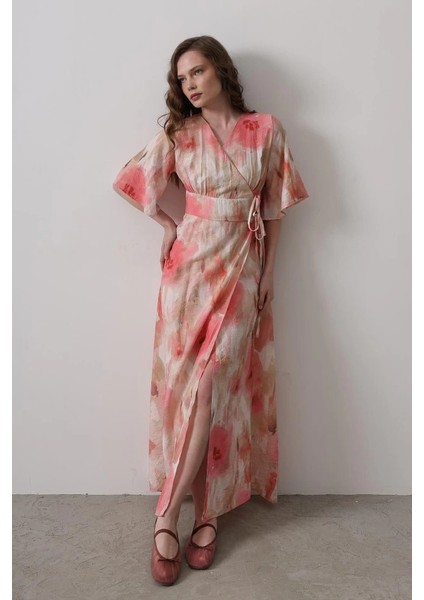 Yandan Bağlamalı Desenli Elbise - Pembe