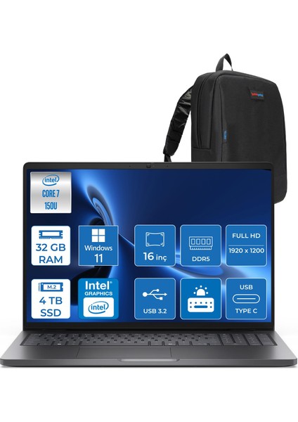 Pro 16 PC16250 Intel Core 7 150U 32GB Ddr5 4tb SSD 16 Fhd+ IPS (1920X1200) 300 Nits WIN11PRO Taşınabilir Bilgisayar. PC16250C7165P10+ZETTAÇANTA