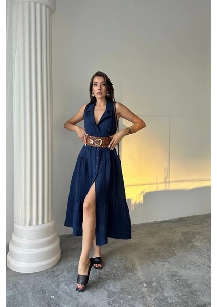 Müslin Elbise Gömlek Yaka Kolsuz Önden Düğmeli - Lacivert