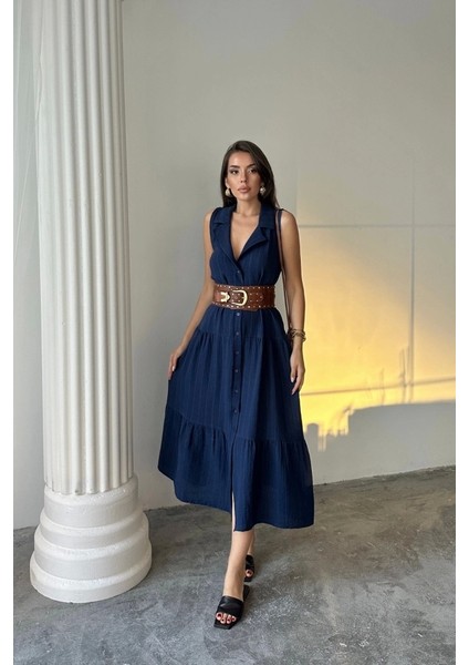 Müslin Elbise Gömlek Yaka Kolsuz Önden Düğmeli - Lacivert modelleri