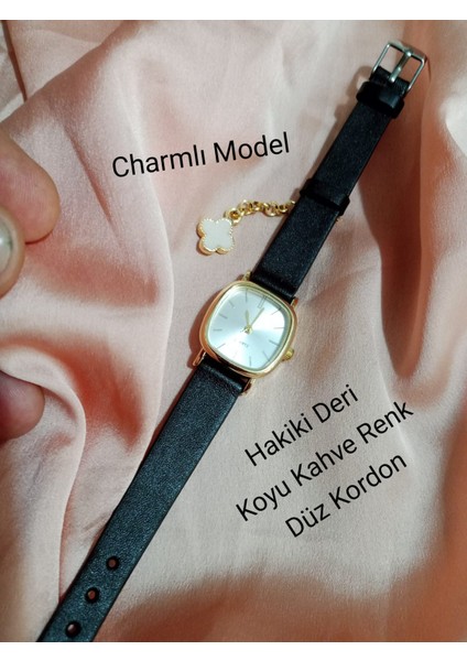 Retro Still Marka Model Vintage Oval Charmlı Gold Kasa - Koyu Kahve Kordon Kadın Kol Saati 0021