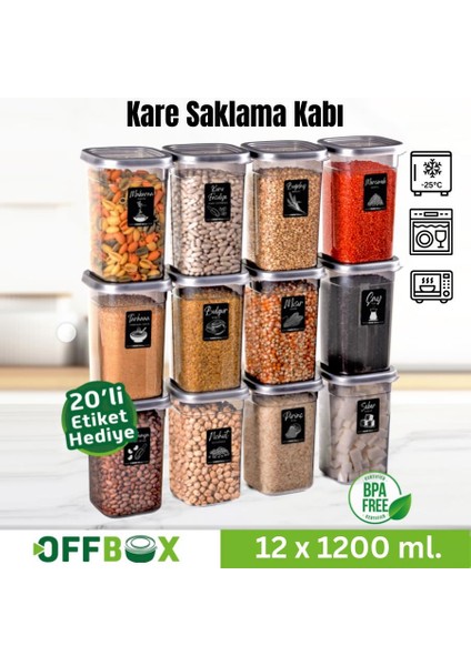 Kare Bakliyat Baharat Gıda Saklama Kabı - 1.2 Lt. - 12 Adet