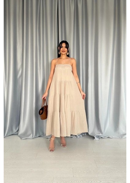 Taş Askılı Parçalı Müslin Elbise