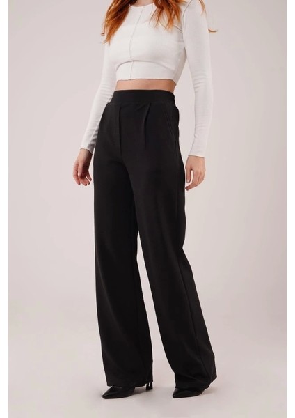 Yüksek Bel Bol Paça Krep Siyah Pantolon fırsatları