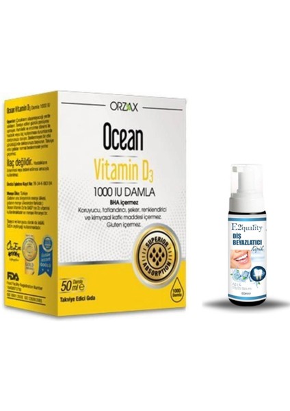 Orzax Ocean Vitamin D3 1000 Iu Damla 50 ml + Hediye Diş Beyazlatıcı Köpük