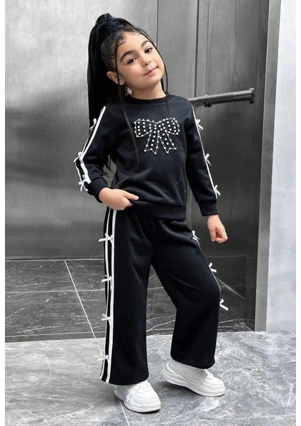 Kız Çocuk Pamuklu Siyah Fiyonklu Incili Şerit Detaylı Eşofman Takım