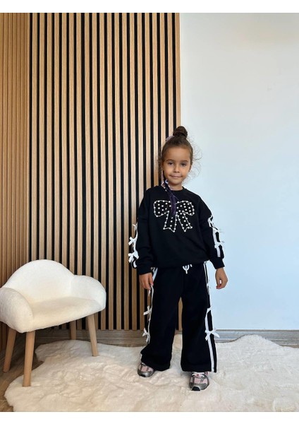 Kız Çocuk Pamuklu Siyah Fiyonklu Incili Şerit Detaylı Eşofman Takım fiyatları