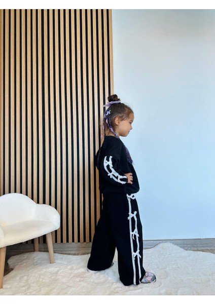 Kız Çocuk Pamuklu Siyah Fiyonklu Incili Şerit Detaylı Eşofman Takım modelleri