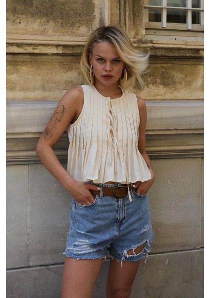 Pileli Bağlamlı Bluz - Natür fırsatları