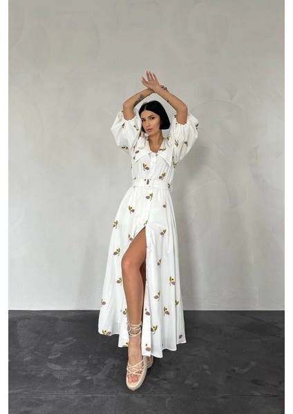 Kahverengi Yakası Çiçek Motifli Kemerli Elbise