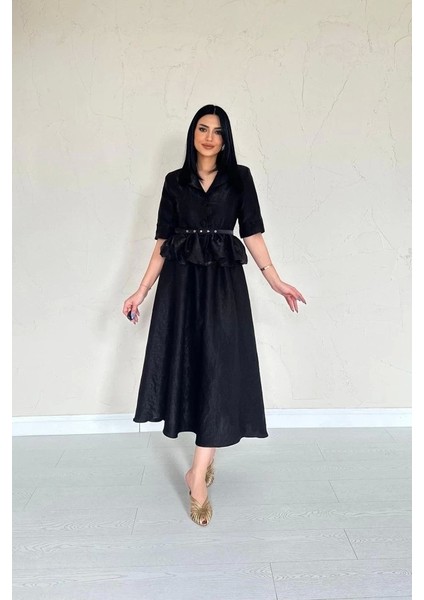 Siyah Ince Kemerli Fırfırlı Ceket ve Büzgülü Etek Takım