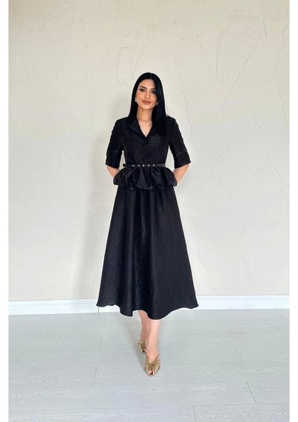 Siyah Ince Kemerli Fırfırlı Ceket ve Büzgülü Etek Takım modelleri