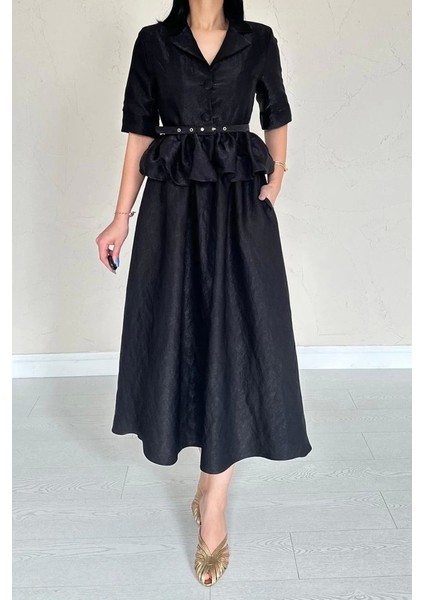 Siyah Ince Kemerli Fırfırlı Ceket ve Büzgülü Etek Takım fırsatları