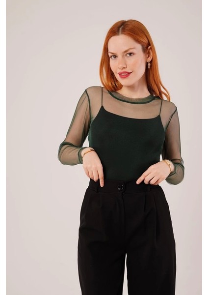 Transparan Yeşil Tül Basic Bluz fırsatları
