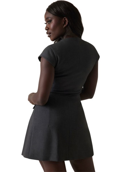 Kadın V Yakalı Düğme Detaylı Pileli Elbise - Antrasit fiyatları