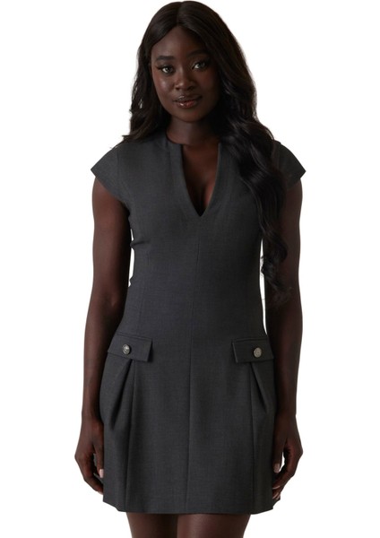 Kadın V Yakalı Düğme Detaylı Pileli Elbise - Antrasit modelleri