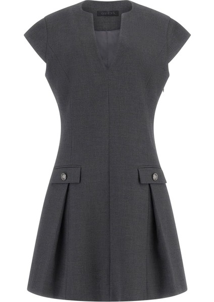 Kadın V Yakalı Düğme Detaylı Pileli Elbise - Antrasit fırsatları