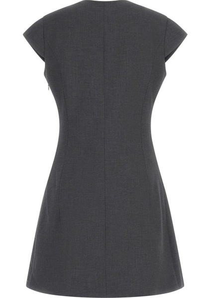 Kadın V Yakalı Düğme Detaylı Pileli Elbise - Antrasit indirimleri